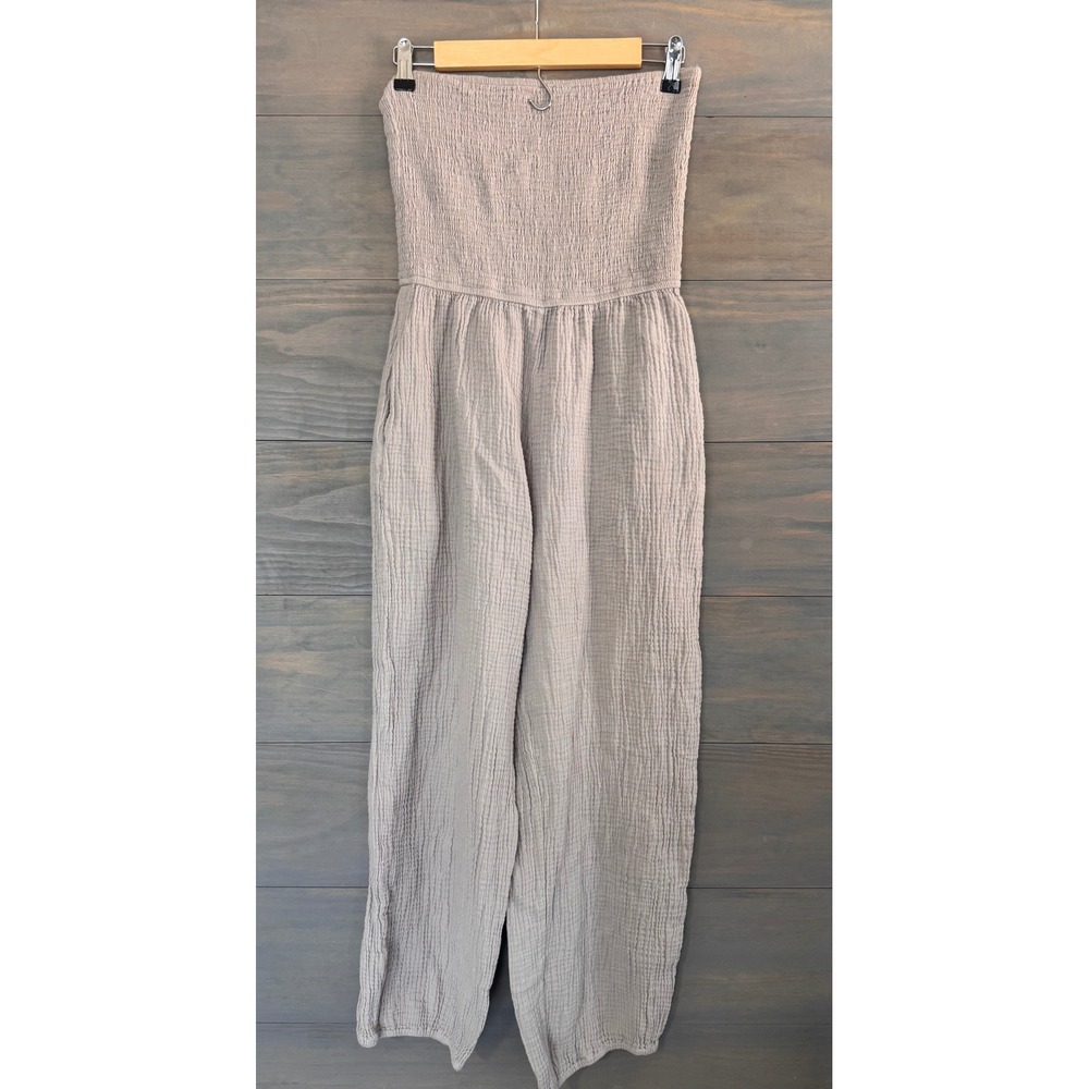 Grade & Gather Cotton Gauze Strapless Smocked Jumpsuit Taupe Wide Leg 70200GZ M